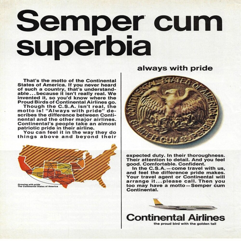 1967 Continental Airlines Semper cum superbia Vintage Magazine Print Ad/Poster